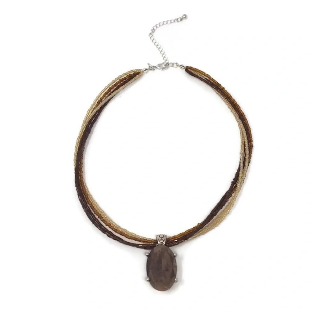 Brown Beaded Multi Strand Necklace Faceted Stone‎ Pendant Boho Chic Earthcore